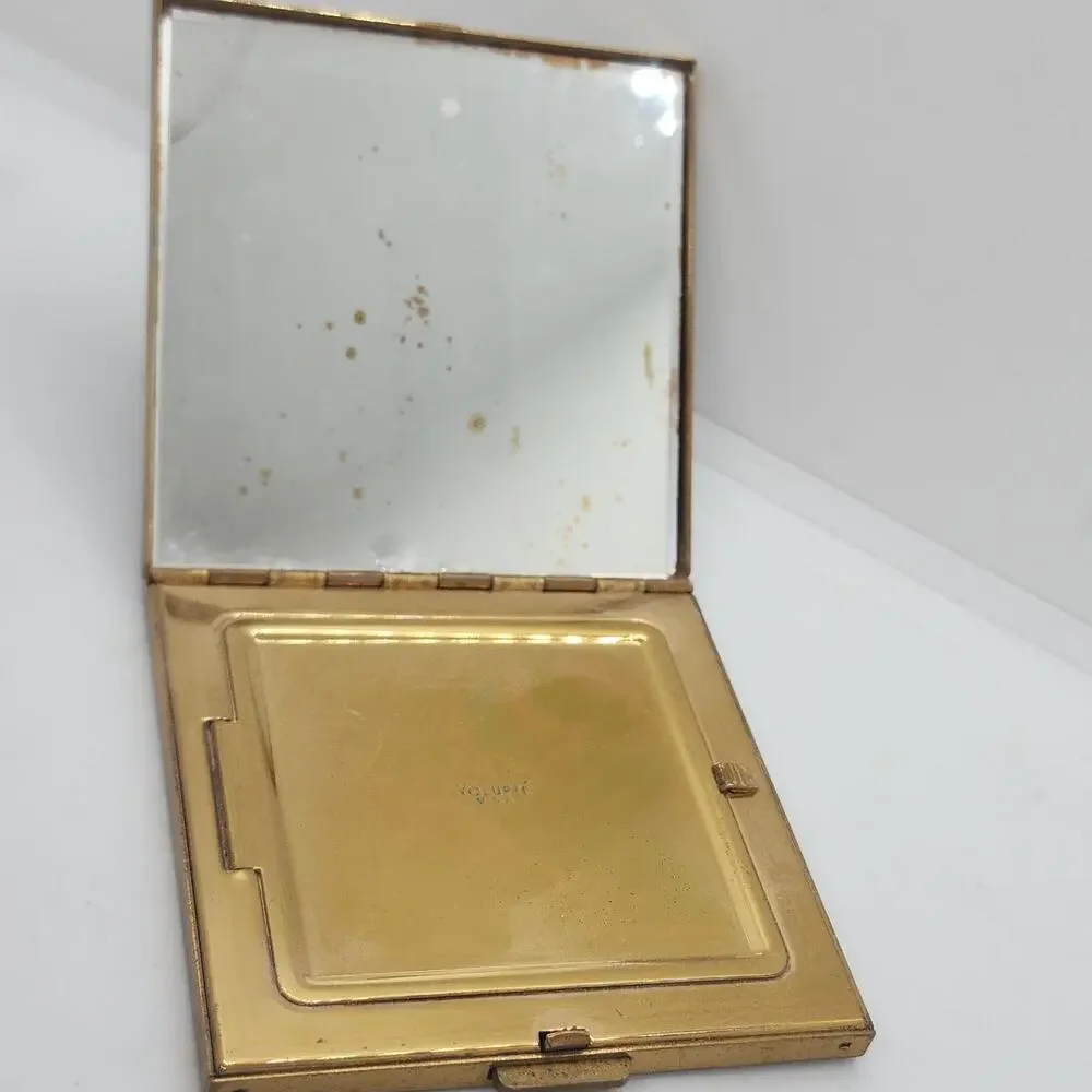 Vintage Volupte Compact Black Enamel Ruby Rhinestone Art Deco Powder Mirror